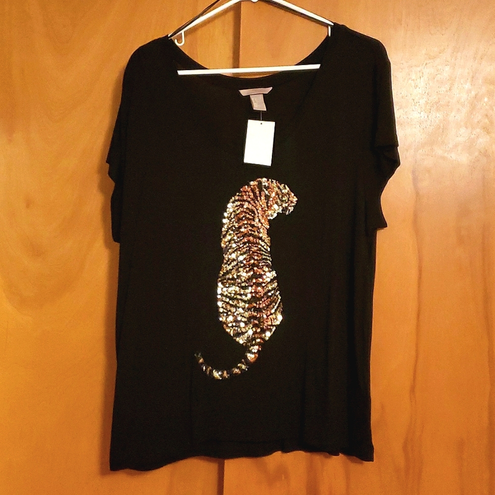 H&M Black Shirt with Sequin Tiger NWT